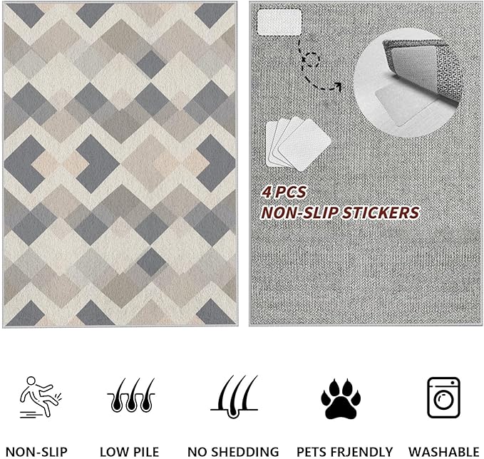 Modern Area Rug Living Room Rugs 5x8, Minimalist Soft Boho Geometric Rug, Non-Slip Washable Low Pile Non Shedding Carpet for Bedroom Office Dining Room Kitchen Nursery, Gray Beige White
