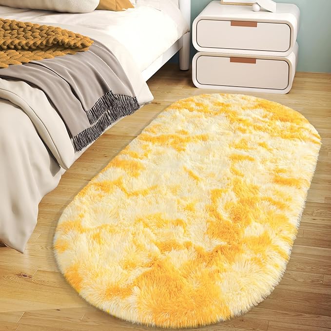 Soft Fluffy Area Rug for Bedroom, Fuzzy Shaggy Oval Throw Rugs for Bedside, Non-Slip Cozy Plush Shag Carpet for Kids Room Nursery Dorm Living Room, Tie Dye Yellow, 2.6 x 5.3 Feet, 2 Packs
