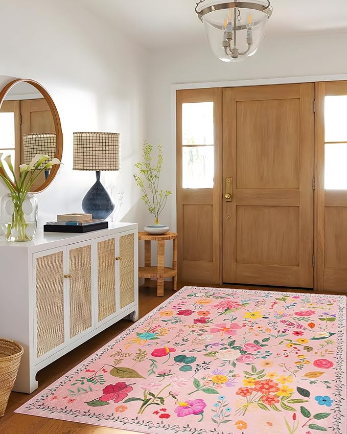 Boho Washable Area Rug 6x9 for Living Room, Bedroom, Office, Playroom, Kitchen or Dining Room, Soft Floral Carpet for Indoor Use, Easy Care Non-Slip Design (Pink)