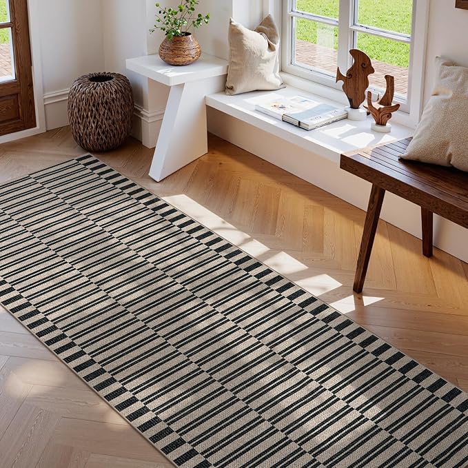 Lahome Striped Easy Jute Washable Runner Rug, Carpet Runners for Hallway 8ft Non Slip Kitchen Entryway Runner, Farmhouse Neutral Non Shedding Indoor Outdoor Carpet for Foyer Laundry Room