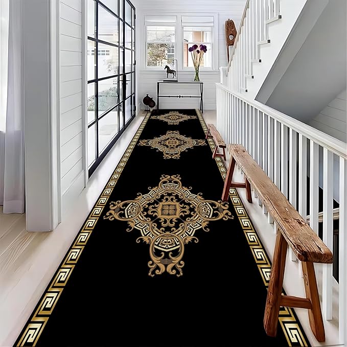 Vintage Baroque Art Long Hallway Rugs Runners, 2x10ft, Luxury European Geometric Living Room Rug, Gold Greek Meandering Soft Washable Mats, Shed Resistant Pet Friendly Carpet for Indoor