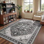 5x7 Black Grey Area Rug for Living Room, Machine Washable Rugs with Non-Slip Backing for Bedroom, Vintage Medallion Carpet Dining Room Office Kids Room Decor