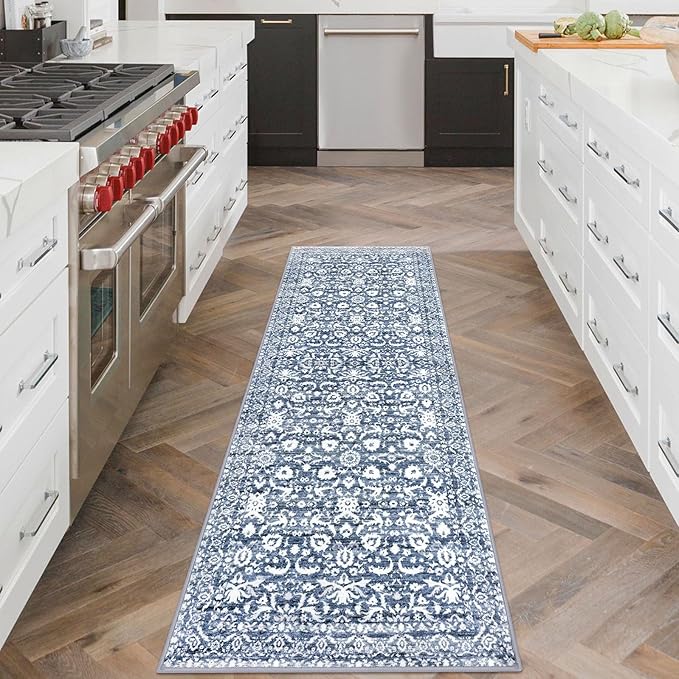 Vintage Floral 2x6 Runner Rug, Light Blue White Washable Kitchen Runner Rug Non-Slip Hallway Rug Runner Thin Printed Faux Wool Super Soft Carpet for Entryway Bedroom Laundry Room Indoor