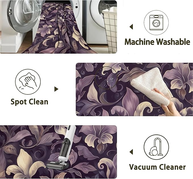 Purple Luxury Floral Texture Rug for Living Room 3x5, Low Pile Non-Slip Backing, Machine Washable Easy Fold Rug for Home, Office, Dorm Room