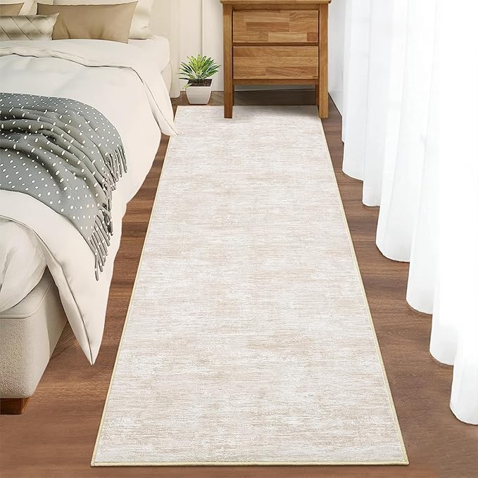 RUGSREAL Modern Runner Rug 2.5x8 Stain Resistant Washable Kitchen Runner Carpet ith Rubber Backing Low Pile Contemporary Solid Color Entryway Mat Ultra Soft Rug for Living Room Bedroom, Beige