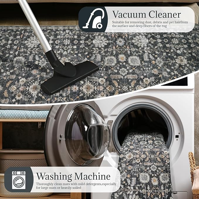 Washable Area Rugs 5'x7' Non-Slip Vintage Boho Distressed Fade Resistant Low Pile Carpet for High-Traffic Living Room, Bedroom & Dining Room