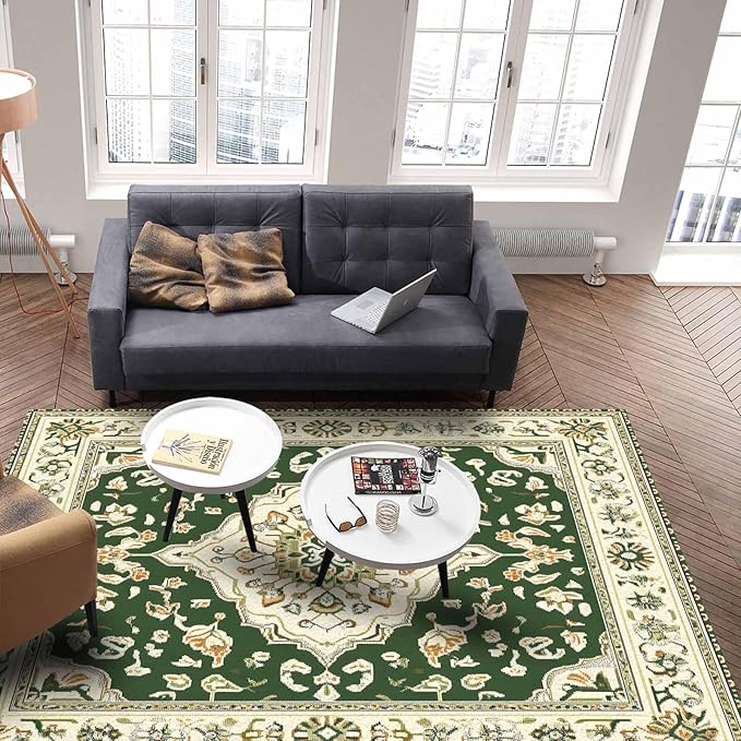 Green Bohemian Rectangular Area Rugs for Living Room Bedroom 4 x 6 ft Vintage Farmhouse Floral Pattern Non-Shedding Soft Low Pile Rug Non Slip Washable Rug for Nursery Entryway Playroom