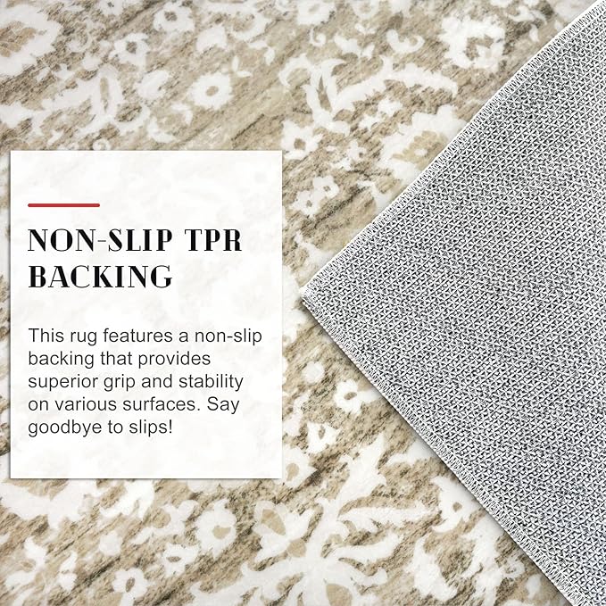 Hallway Runner Rug, Beige Tan White Washable Runner Rug 2x8 Vintage Floral Neutral Kitchen Rug Runner Non Slip Thin Printed Faux Wool Super Soft Carpet for Entryway Bedroom Laundry Room Indoor