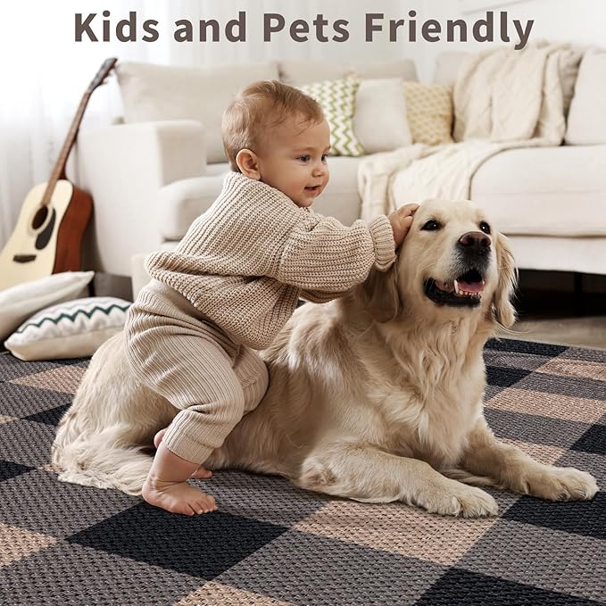 Tangsoo Checkered Easy Jute Rug, 2x3 Washable Ultra Thin Rug for Entryway Non-Slip Black Brown Outdoor Rug,Modern Front Door Mat Carpet for Kitchen Bedroom Porch Doorway