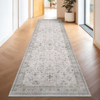Light Gray Washable 2x8 Hallway Runners, Kitchen Runner Rug, Non-Slip & Stain Resistant 8ft Long Entryway Floor Rug, Neutral Boho Floral Décor