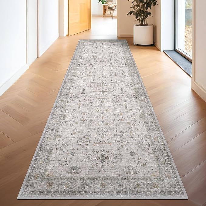 Light Gray Washable 2'6"x8' Wide Runner Rugs for Kitchen, Bathroom, Hallway, Non-Slip & Stain Resistant Long Floor Rug, Neutral Boho Floral Décor