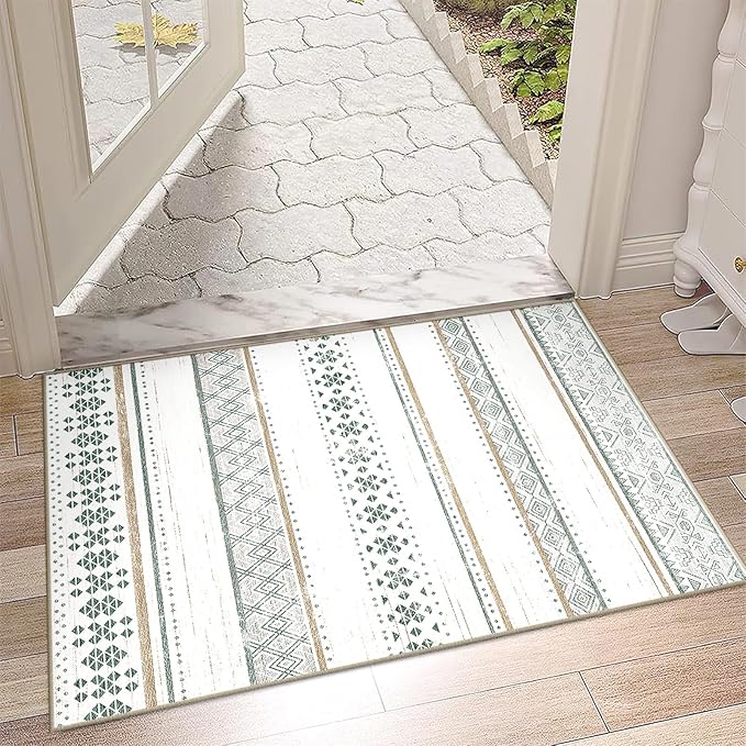 BESTSWEETIE 2x3 Area Rugs for Living Room Washable Moroccan Farmhouse Neutral Geometric Low Pile Non-Slip Soft Print Pattern Rug for Bedroom Kitchen Dining Room Entryway Green/Brown