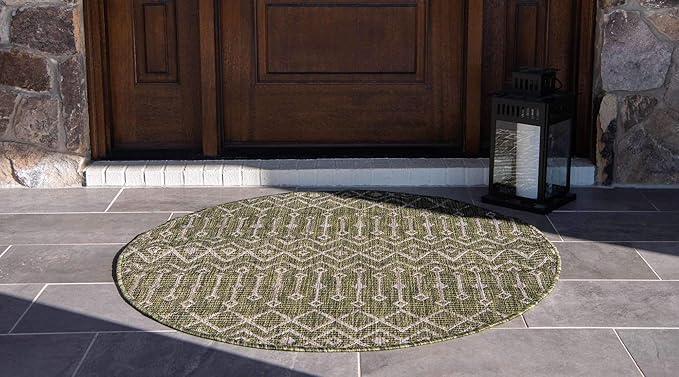 Unique Loom Outdoor Trellis Collection Area Rug - Tribal Trellis (4' 1" Round, Green/ Natural)