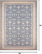 vivorug 5x7 Area Rugs - Ultra-Thin Washable Rug with Non-Slip Backing, Ideal for Living Room, Bedroom, Dining Room Indoor - Vintage Floral, Easy Clean, Durable, Low Pile Rug Blue