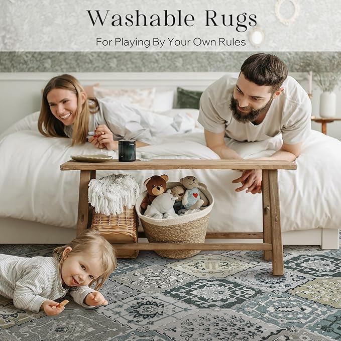 Phantoscope Washable Area Rug 9'x12' Non-Slip, Vintage Boho Rugs for Living Room, Bedroom, Dining Room, Distressed Moroccan Mosaic Diamond Pattern, Low-Pile Foldable Floor Carpet, Grey Charcoal