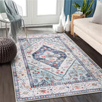Lahome Boho Round Rug - 9Ft Washable Area Rug, Non-Slip Small Bathroom Rug, Lightweight Bedroom Throw, Oriental Distressed Print Carpet for Entryway, Sofa, Nursery, Kids Room