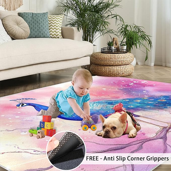 Peacock Rugs for Living Room - 4x6 Rug, Fantasy Peacock Area Rugs for Bedroom, Peafowl Rug, Girls Room Washable Carpet, Aesthetics Carpet - Peafowl Home Decor & Gifts