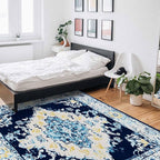Bohemian Pattern Rectangular Area Rugs for Living Room Bedroom 4 x 6 ft Blue & Yellow Abstract Non-Shedding Soft Low Pile Rug Non Slip Washable Rug for Nursery Entryway Playroom