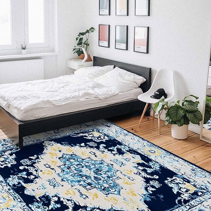 Bohemian Pattern Rectangular Area Rugs for Living Room Bedroom 3 x 5 ft Blue & Yellow Abstract Non-Shedding Soft Low Pile Rug Non Slip Washable Rug for Nursery Entryway Playroom