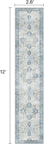 Runner Rug 2'6''x12, Non Slip Vintage Machine Washable Hallway Runner Rugs, Low Pile Lightweight Mat for Hallway, Entryway, Bedroom, Kitchen and Corridor, Blue