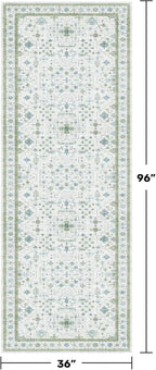 Turkish 3x8 Wide Hallway Runner - Cream Green Oushak Boho Floral, Washable Low Pile Non Slip Stain Resistant Rug for Kitchen, Bathroom, Hall Way