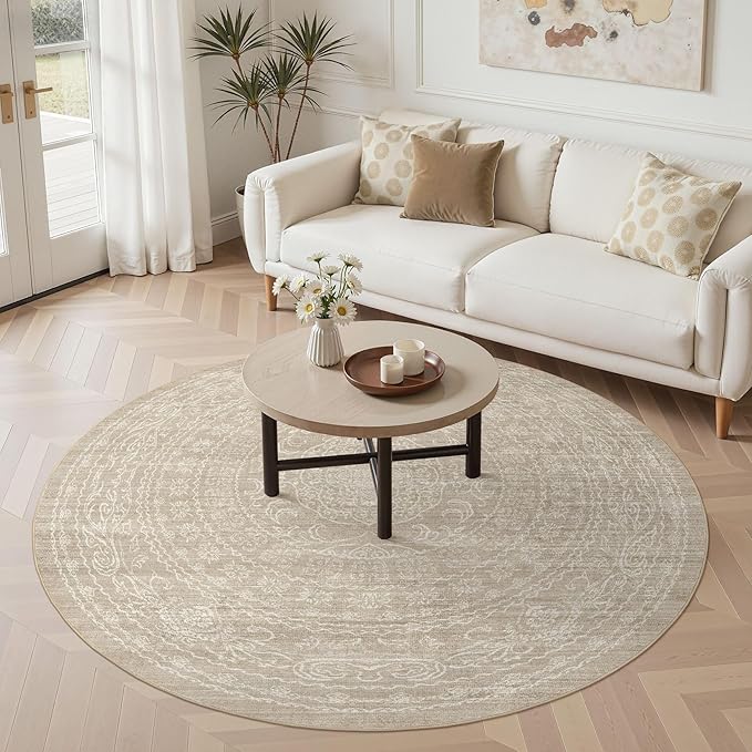 6ft Round Rug Living Room: Washable Large Vintage Rug Neutral Non-Slip Soft Stain Resistant Indoor Carpet for Bedroom Nursery Dining Room Under Table Bed Home House Office Playroom - Brown