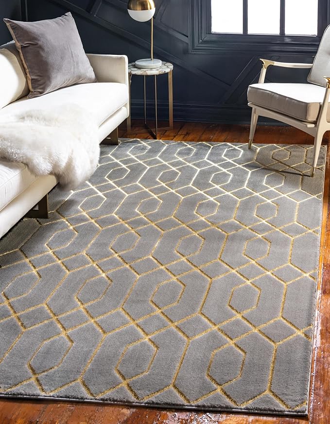 Unique Loom Glam Collection Area Rug - Trellis (10'x 13' Rectangle, Gray Gold/ Gold)