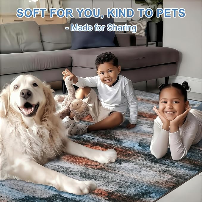 WILLSUN Washable Area Rugs, 5x7 Non-Slip Boho Large Area Rugs for Living Room, Bedroom, Machine Washable Vintage Rug, Indoor Floral Print Carpet for Home Decor, Kid & Pet Friendly Mat