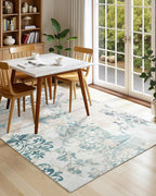 Washable Abstract Rug, 5x7 Ivory and Aqua Floral Area Rugs with Non-Slip Rubber Backed for Bedroom, Low Pile Modern Throw Carpet Kitchen Living Room Decor
