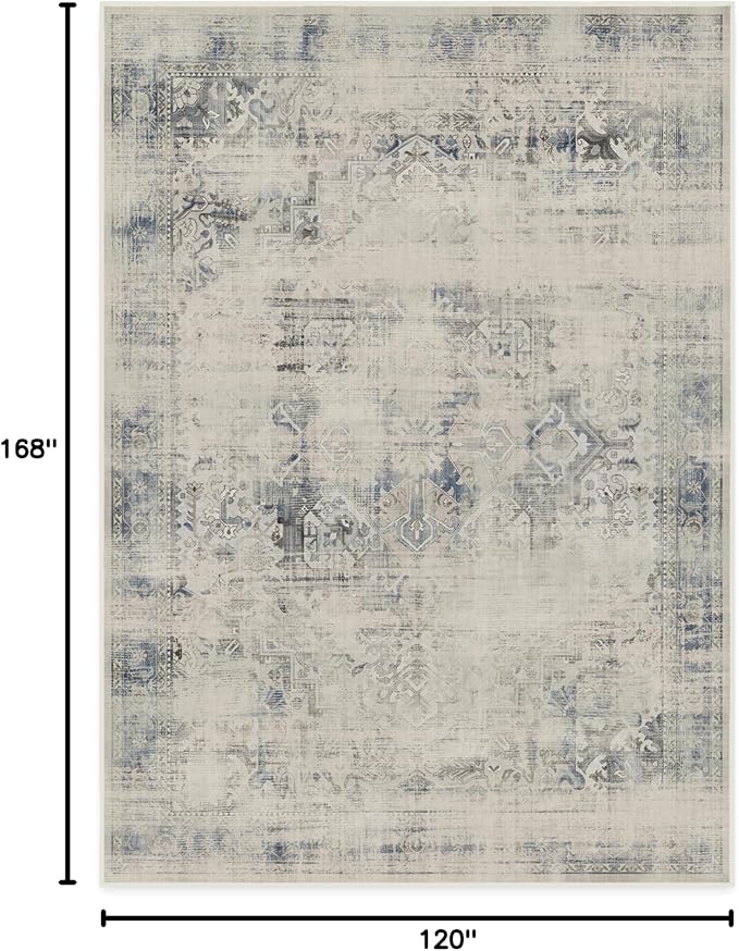 RUGGABLE Washable Vintage Area Rug – Kamran Blue Quartz 10x14, Stain-Resistant, Non-Slip – Large Machine Washable Rugs for Living Room, Bedroom, Hallway, Entryway & Office–with Cushioned Pad