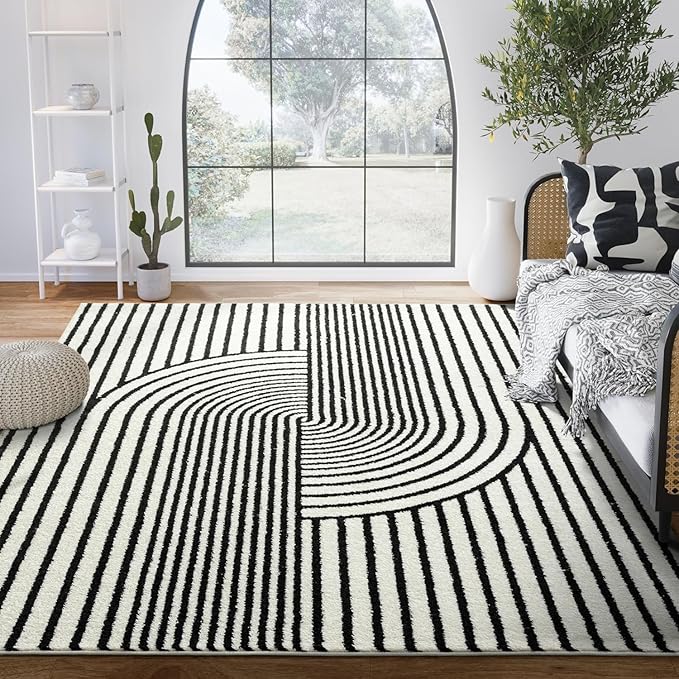 Abani Nuevo Collection Area Rug - Mid-Century Black and White Arch Knot Design - 9' x 12' - for Living Room, Bedroom & Office