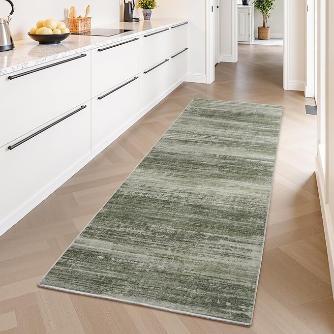 PADOOR Modern Abstract Runner Rug - 2.6x8 Washable Hallway Rugs, Ultra Soft Non-Slip Low Pile Floor Rugs for Hallway Entryway Kitchen Bedroom Bedside Laundry Room Green