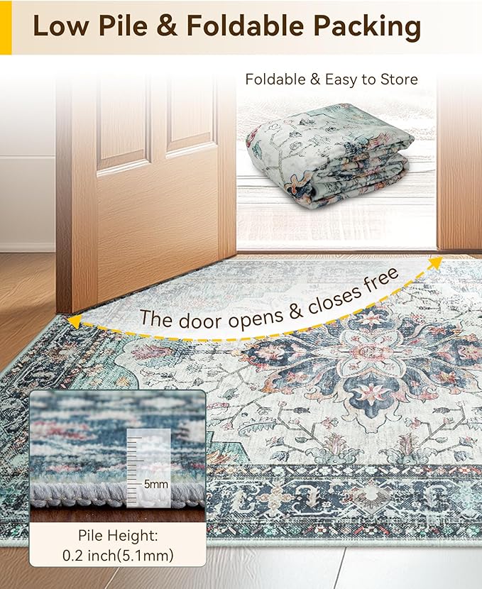 Area Rugs 4ft Washable Non-Slip, Floral Vintage Distress Print Pattern Medallion Carpet for Living Room Bedroom Dining Room, Green Navy Blue White Red Teal Colorful