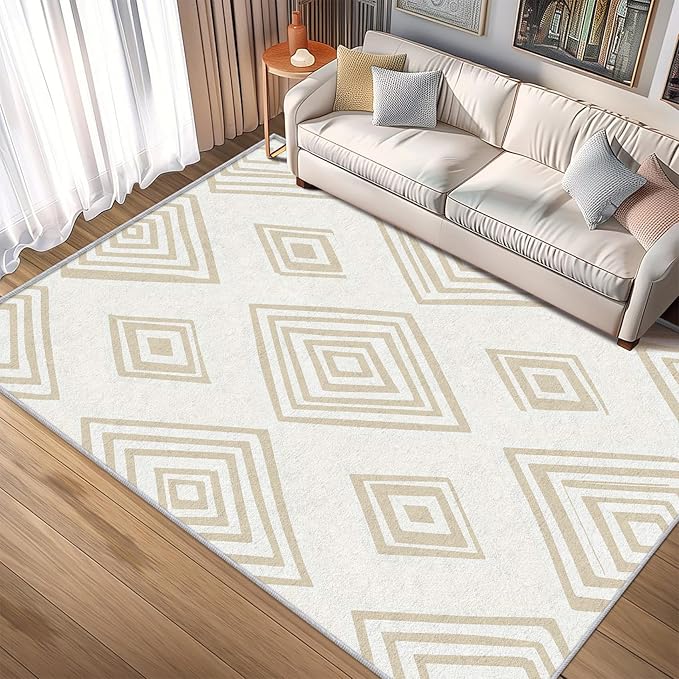 Washable 5x6 Modern Geometric Rug Living Room, Beige Abstract Diamond Design Area Rugs for Bedroom, Modern Geometric Home Decor Carpet, Low Pile, Non Slip, Kids & Pet Friendly (N4180)