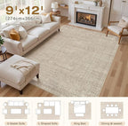 Area Rugs 9x12 Living Room: Washable Large Vintage Rug Neutral Non-Slip Soft Stain Resistant Indoor Carpet for Bedroom Nursery Dining Room Under Table Bed Home House Office Playroom - Brown