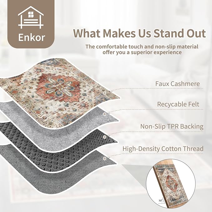 Enkor Runner Rugs for Hallway, 2.6x8 Washable Soft Non Slip Floor Rugs for Kitchen, Modern Mat for Living Room Bedroom Entryway Beige & Red