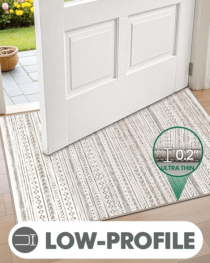 LUMI Ultra Thin Door Mat, 24x36 Non Slip Indoor Doormat Entrance Washable Rugs Entryway Oriental Vintage Soft Carpet for Kitchen Bedroom Front Door, White and Brown