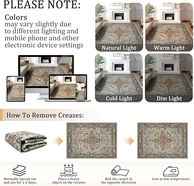 5x7 Machine Washable Area Rug for Living Room, Blue Beige Boho Vintage Floral Rug Large Non-Slip Low Pile Soft Faux Wool Carpet, Kids and Pets Friendly for Bedroom Dining Room Farmhouse Decor Rug