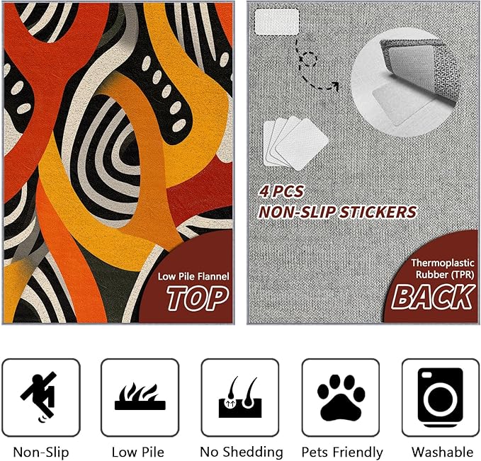 Abstract Rug - 2x3 Area Rugs, Retro Pop Art Colorful Entryway Rug, Hippie Aesthetic Funky Low Pile Fade Resistant Indoor Small Mats Home Decor #C092