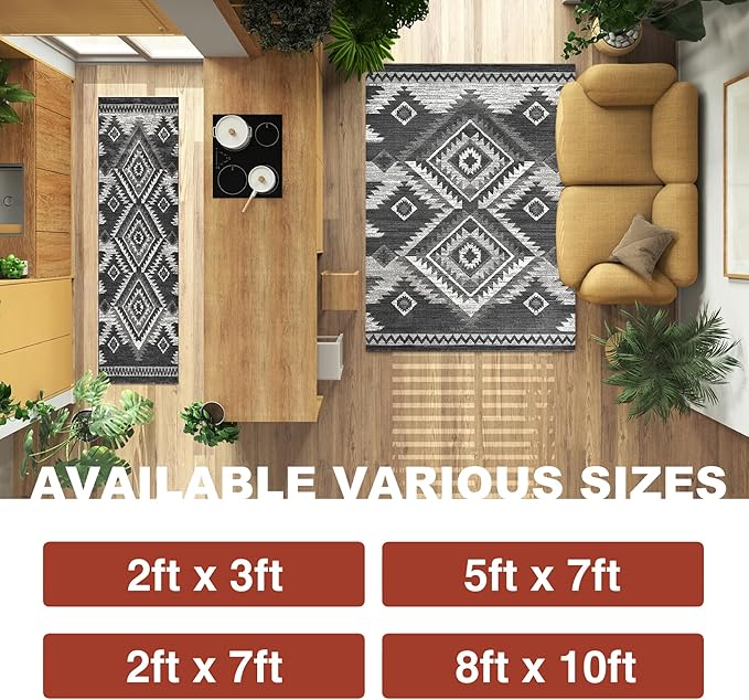 YHSF South West Native American Rug Ritz – Native Tribal American Indian Inspired Rug - Living Room, Bedroom, Hallway, Entryway & High-Traffic Area Rugs - Washable - Soft - Dark Grey, 2 Feet x 7 Feet