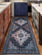 Tangsoo 2x6 Washable Runner Rug for Hallways, Non Slip Vintage Runner, Soft Low Pile Long Rug Runner, Print Distressed Navy/Mlulti Carpet Runners for Kitchen Bedroom Entryway Bathroom Living Room
