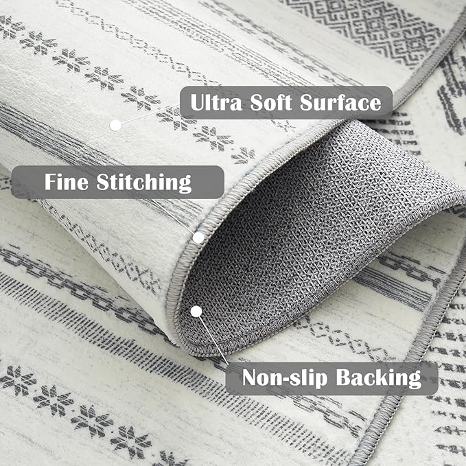 jinchan Moroccan Boho 8x10 Area Rugs for Living Room - Machine Washable Soft Throw Rug Bohemian Ripple Design Non-Slip Neutral Carpet for Bedroom Dining Room Home Office (8‘x10', Grey)
