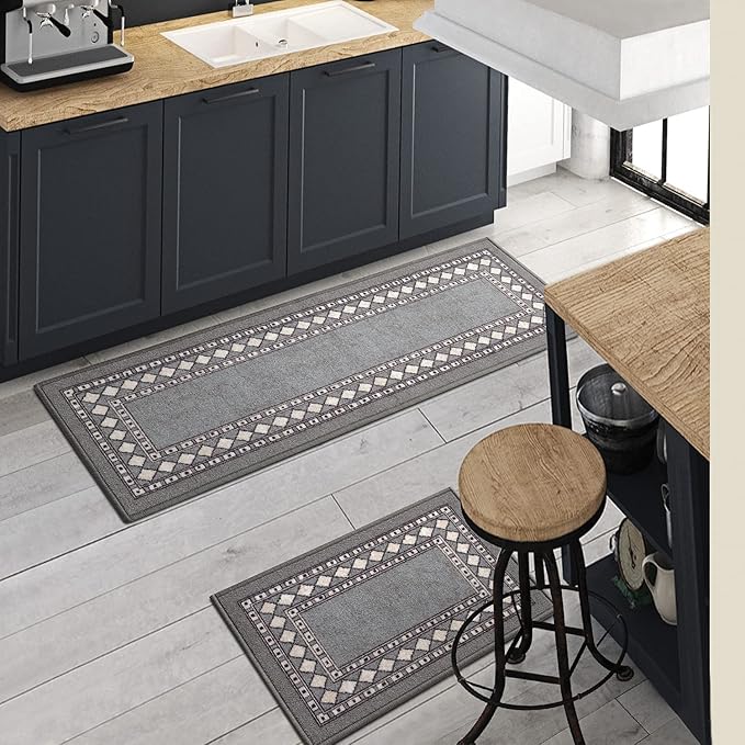 Antep Rugs Alfombras Modern Bordered 2pc Non-Skid (Non-Slip) Low Profile Pile Rubber Backing Indoor Kitchen Runner Rugs (Gray, 2pc Set)