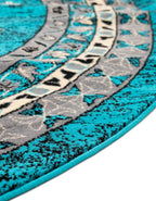 Unique Loom Taftan Collection Border Geometric Tribal Inspired Design Area Rug (8' 0 x 8' 0 Round, Turquoise/ Gray)