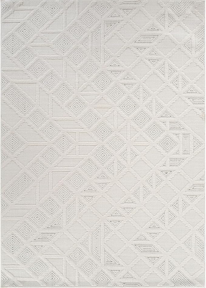 Modern Micro Loop Indoor Area Rugs for Living Room Bedroom Kitchen Geometric Square White 8x10 Luxury Durable Low and High Pile Non-Shedding Stain Resistant Soft Area Carpet 8 x 10