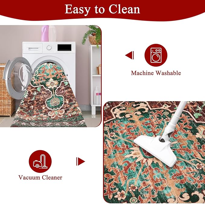 U'Artlines Boho Vintage Area Rug 3x5 Machine Washable Low Pile Ultra-Thin Soft Floor Carpet Non Slip Non Shedding Accent Rug for Living Room Bedroom Entryway Dining Room Office Rust＆Teal