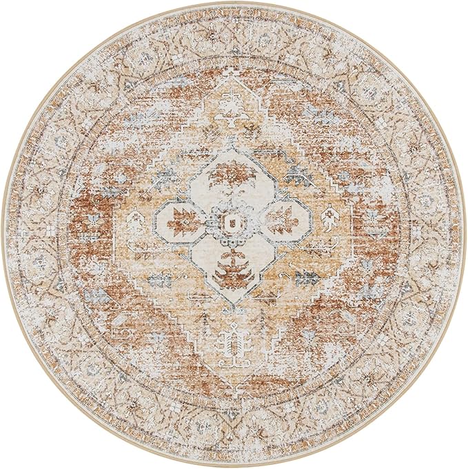 Lahome Boho Round Rugs - 4Ft Washable Non-Slip Small Round Area Rug Throw Lightweight Round Nursery Carpet Kids，Oriental Distressed Print Kitchen Mat for Bedroom Entryway Bathroom Living Room