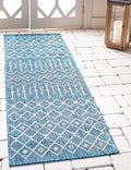 Unique Loom Outdoor Trellis Collection Area Rug - Tribal Trellis (2' x 6' 1" Runner, Teal/ Ivory)