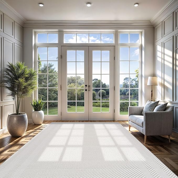 CAMILSON Micro Loop Rug 10x14 Modern Luxury Bordered Large Area Rugs Soft High and Low Pile Stain Resistant Easy-Cleaning Non-Shedding for Living Room Office Indoor Carpet (10 x 14 / White)
