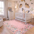 Wonnitar Washable Rug, 5x7 Pink Rugs for Living Room, Floral Print Non-Slip Area Rugs for Bedroom Girls, Soft Large Throw Carpet for Kids Nursery Room (Pink,5'x7')
